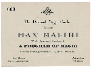 Malini, Max. Oakland Magic Circle Program Admission Ticket.
