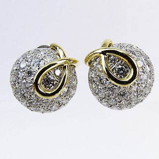 Tiffany & Co Approx.. 2.0 Carat Pave Set Round Brilliant Cut Diamond, Platinum and 18 Karat Yellow Gold Dome Earrings.