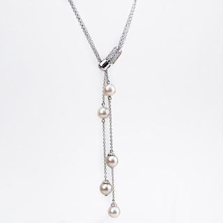 Contemporary Pink Pearl,  Approx. .55 Carat Diamond and 18 Karat White Gold Lariat Necklace.