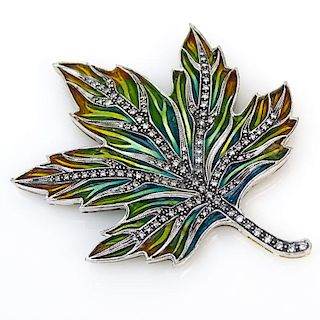 Approx. 1.10 Carat Pave Set Diamond, Enamel and 18 Karat White and Yellow Gold Maple Leaf Brooch.