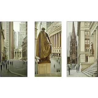François Cloutier, French/American (b. 1922) "New York Stock Exchange" Still Life Tryptic Oil on Canvas Signed Lower Right.