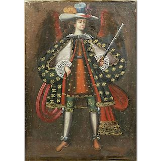 Late 18th to Early 19th Century Cuzco School Oil on Canvas Laid on Artist Board, Portrait of a Angel with Gun.