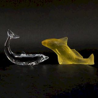 Grouping of Two (2) Baccarat Crystal Figurines/Paperweights. Includes: clear crystal "Swimming" dolphin figurine and yellow f