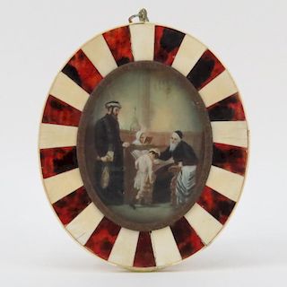 Antique Hand Painted Miniature Judaica Scene in Bone and Tortoise Shell Frame. Unsigned. Celluloid appears to have a loss to 