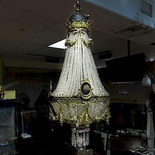 Third Quarter 19th Century French Empire Style Bronze and Beaded Crystal Chandelier.