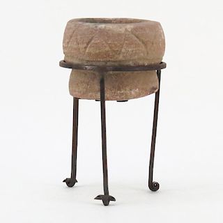 Pre Columbian Stoneware Vessel on Wrought Iron Stand.