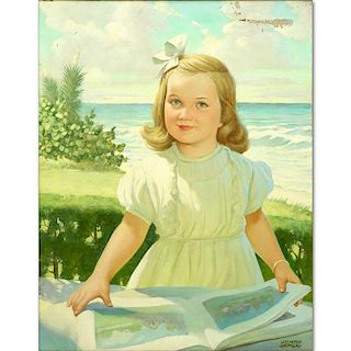 J. Clinton Shepherd, American (1888-1975) "Young Girl Near Ocean" Oil on Canvas Signed Lower Right.