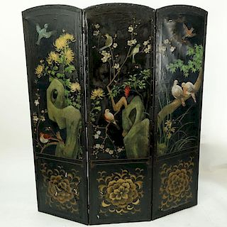 19th Century European Hand Painted Leather Three Panel Screen.