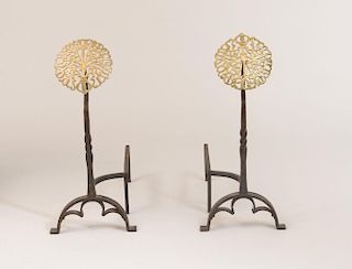 PAIR OF ENGLISH ARTS AND CRAFTS BRASS AND IRON ANDIRONS