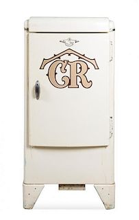 A Vintage White Refrigerator with Caribou Ranch Logo. Height 50 x with 23 x depth 23 inches.