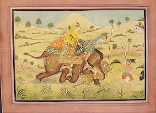 Indian Mughal Painting Elephant & Tiger hunt