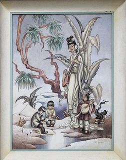 Asian Hollywood Regency Modernist James Mont LARGE painting