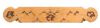 An Original Rustic Wood and Railroad Spike Coat Rack Height 12 x width 72 x depth 18 inches.