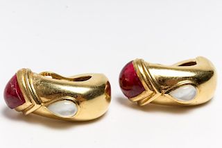 18K Gold, Mother of Pearl, & Ruby Earrings