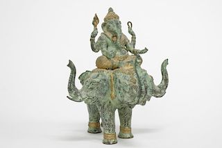 Indian Statue of Ganesha, Patinated & Gilt-Metal