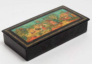 Russian Lacquered Box, Hand-Painted with Village