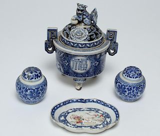 4 Vintage Chinese Blue & White Porcelain Items