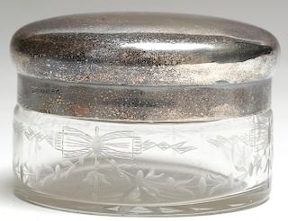 .950 Silver German Etched Glass Powder Vanity Jar