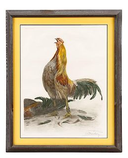 Leon Danchin, Rooster Crowing, Color Etching
