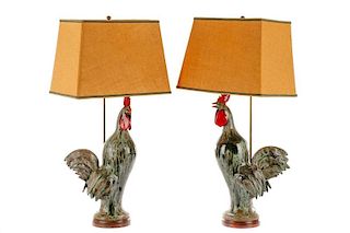 Pair, Figural Rooster Pottery Lamps, Charlie West
