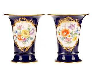 Pair, Meissen Cobalt & Floral Decorated Vases