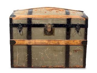 A Painted Canvas, Metal and Wood Banded Trunk, S. Dennin Height 28 inches.