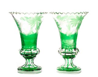 Fine Pair Moser Intaglio Cut Scenic Glass Vases
