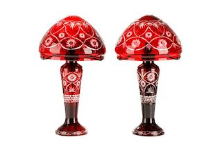 Pair, Bohemian Ruby to Clear Glass Table Lamp
