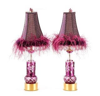 Pair of Amethyst Cut to Clear Glass Table Lamps
