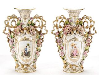 Pair of Old Paris Style Porcelain Handled Vases