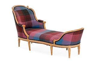 Neoclassical Pickled Wood & Plaid Chaise Lounge