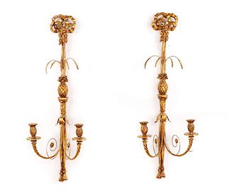 Neoclassical Pineapple Motif Giltwood Wall Sconces