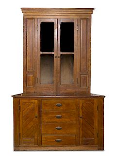 An American Oak Stepback Corner Cabinet Height 87 1/2 x width 57 1/2 x depth 35 inches.