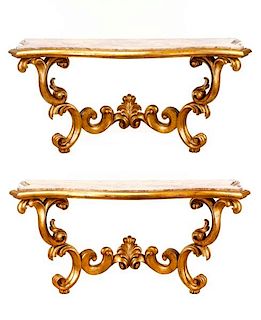 Pair, Baroque Giltwood & Marble Console Tables