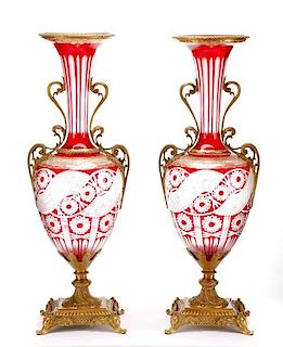 Pair, Continental Mounted Ruby Glass Urns
