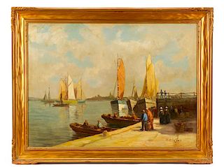 H. de la Cour, "Boats at Harbor," Oil on Canvas
