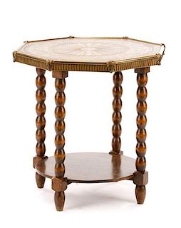 Oak Side Table w/Octagonal Brass Engraved Top