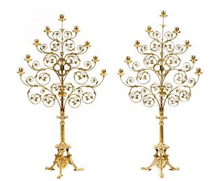 Pair of Large Brass Altar 9-Light Candelabras