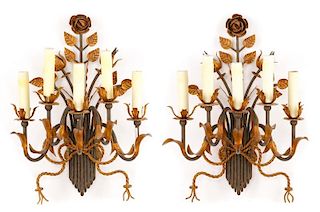 Pair, Wrought Iron Rose Bouquet Wall Sconces
