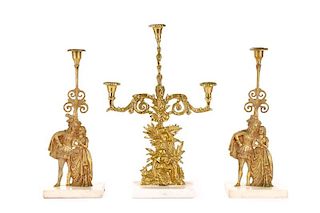 Group of 3 Brass & Marble Figural Candelabras