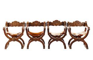 Set, 4 Faux Cowhide Upholstered Savonarola Chairs