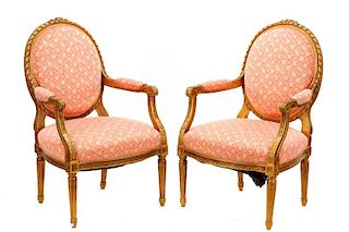 Pair of Louis XVI Style Giltwood Carved Fauteuils