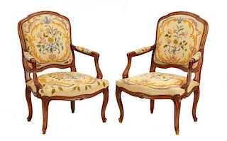 Pair, French Louis XV Needlepoint Fauteuils