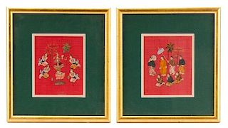 Pair of Burmese Figural Paintings on Silk, Framed