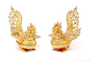 Pair, Burmese Gilt, Glass and Lacquer Hintha Boxes