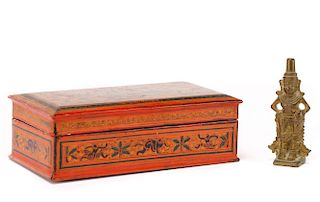 Collection of 2 Burmese Items: Box & Bronze Figure