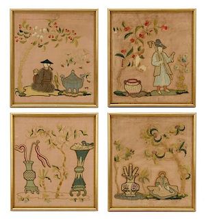 Four Japanese Shishu Embroidered Panels