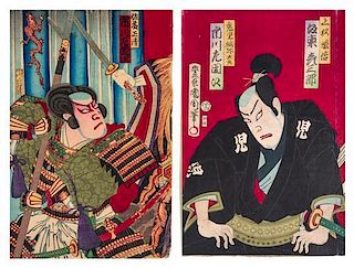 Toyohara Kunichika, (1835-1900), Ichikawa Sadanji as Kagoshima Yotaro and Ichikawa Sadanji as Sato Masakiyo (two works)