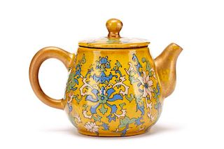 Small Chinese Enameled Yixing Zisha Teapot