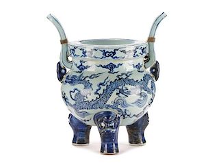 Large Chinese Blue & White Porcelain Tripod Censor